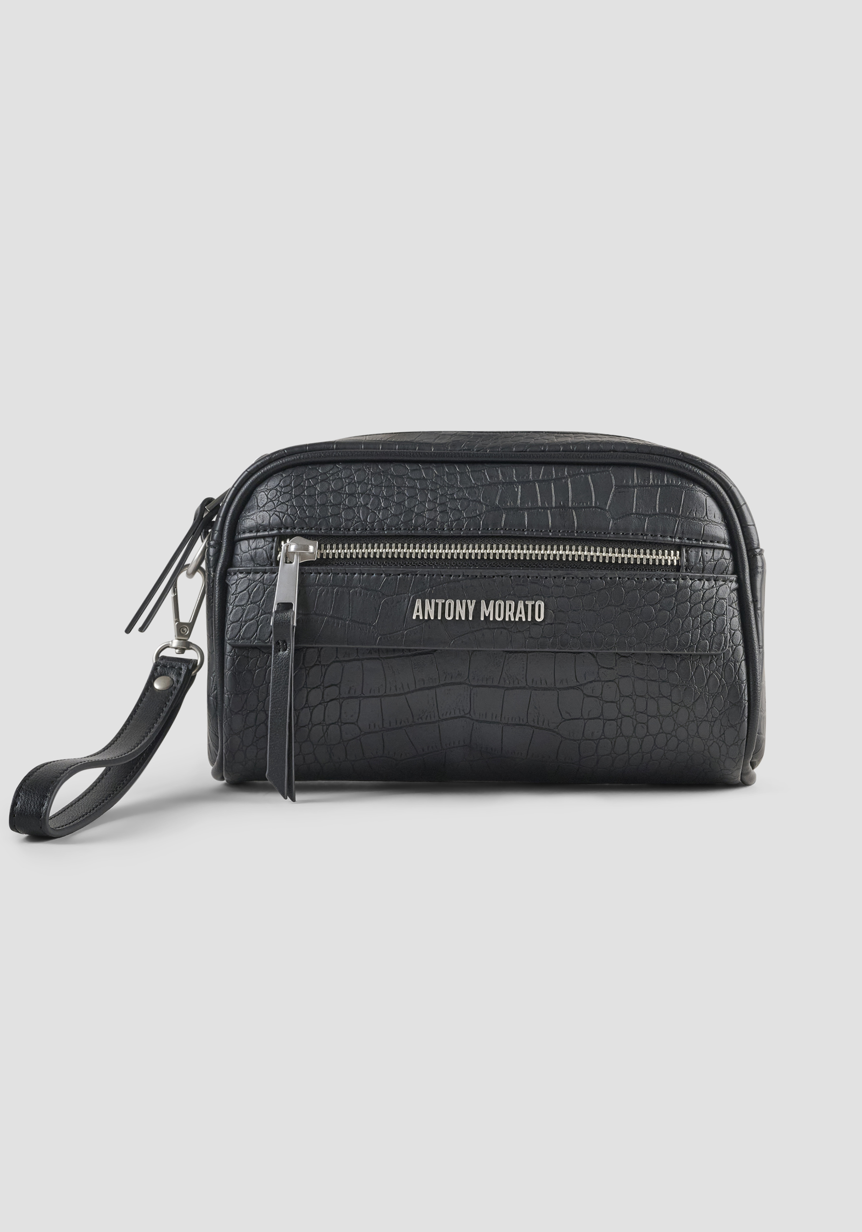 BOLSO POUCH DE PIEL SINTÉTICA CON ESTAMPADO DE COCODRILO