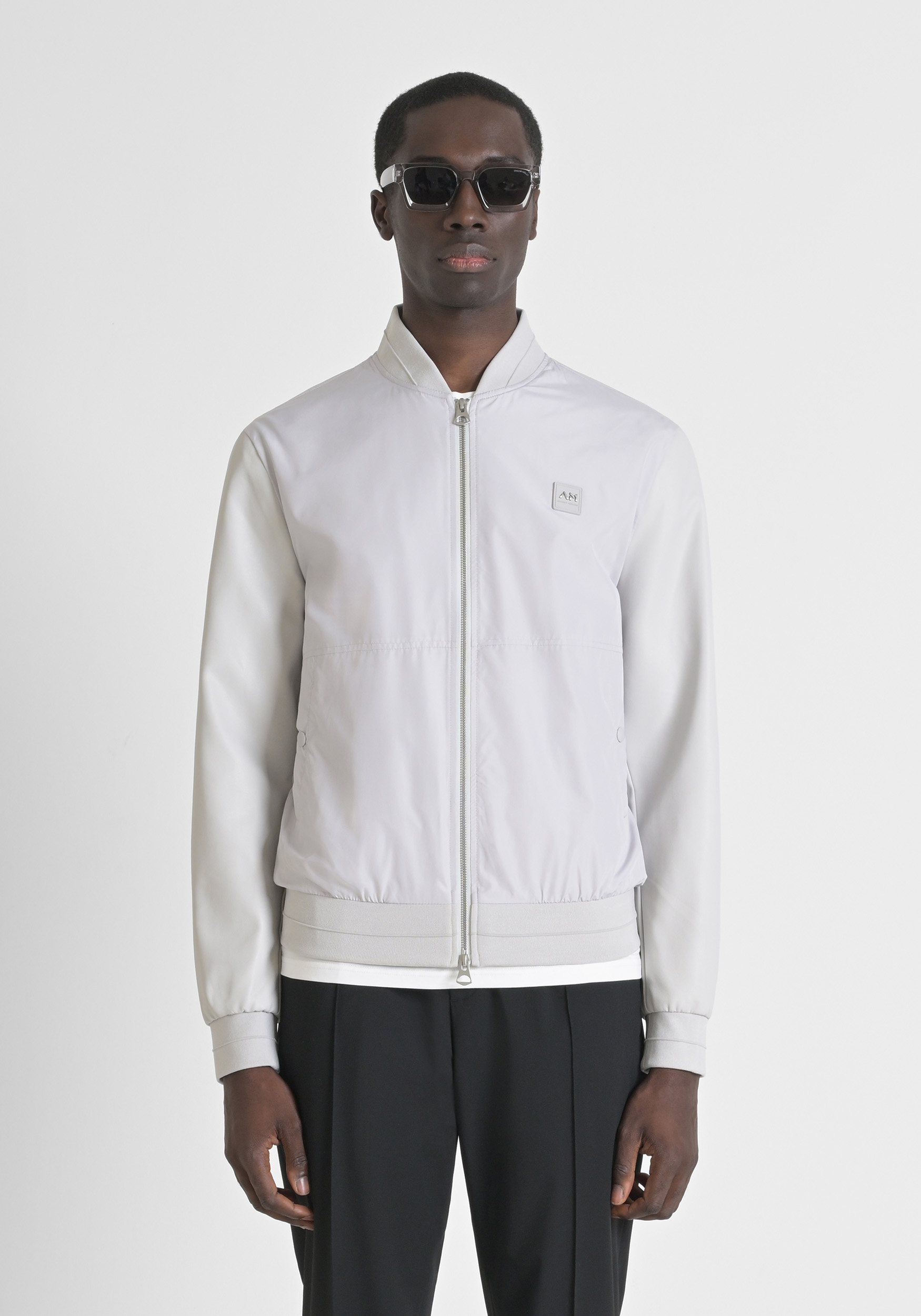 JACKET REGULAR FIT IN TECHNO FABRIC WITH FAUX LEATHER SLEEVES