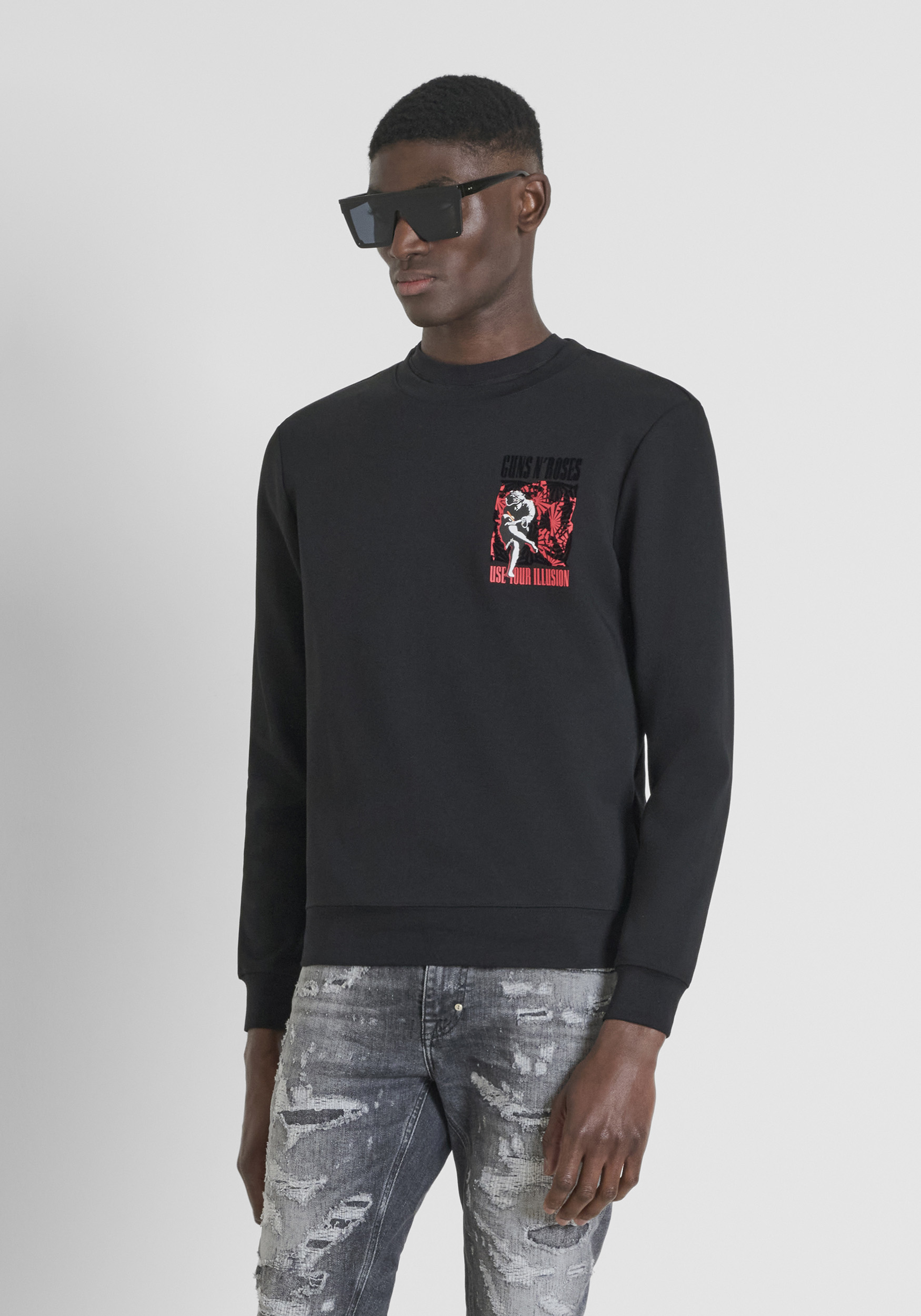 SWEATSHIRT SLIM FIT COTTON BLEND FABRIC WITH FLOCK PRINT