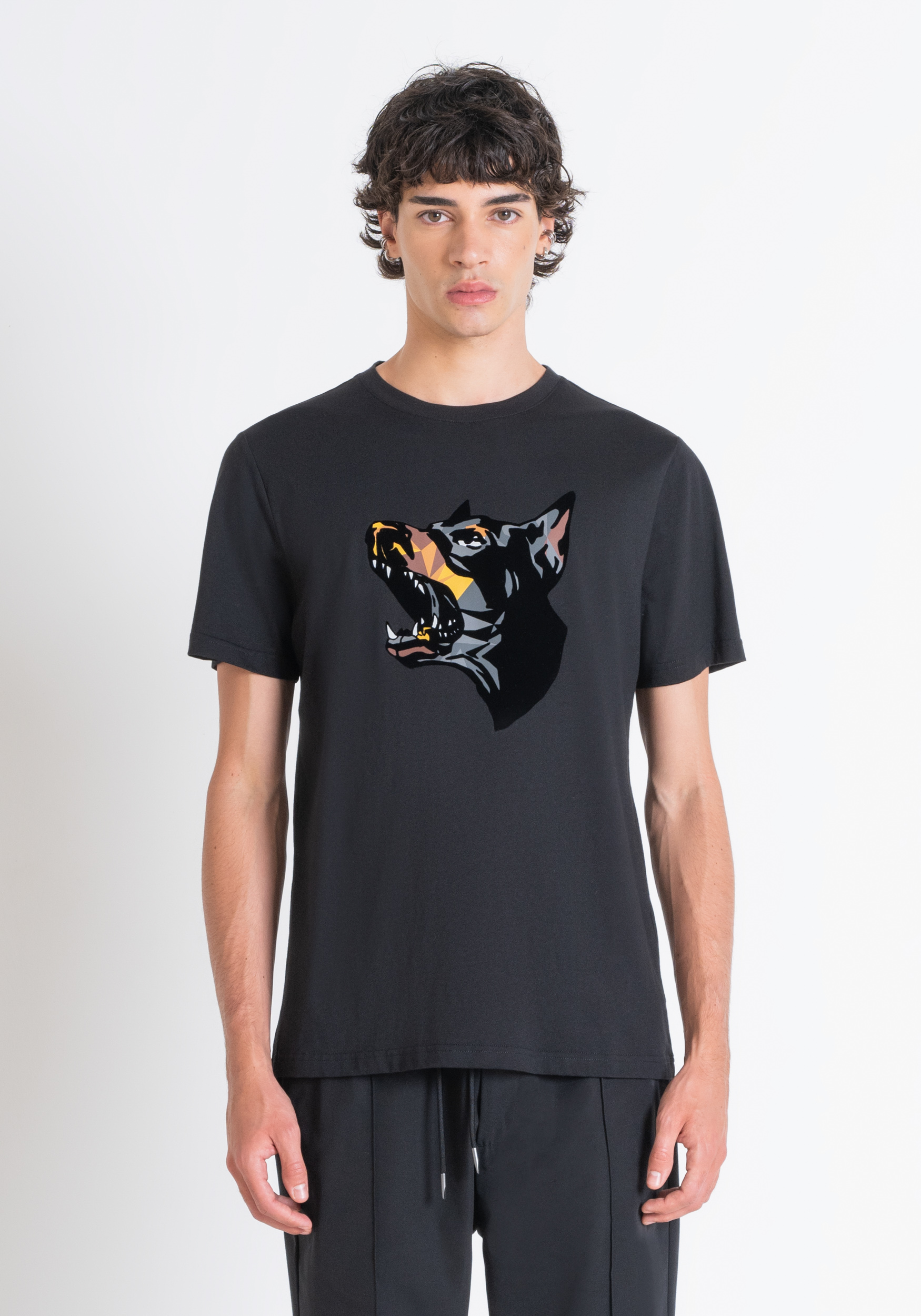 CAMISETA REGULAR FIT DE JERSEY DE ALGODÓN NEGRO CON ESTAMPADO DE DÓBERMAN