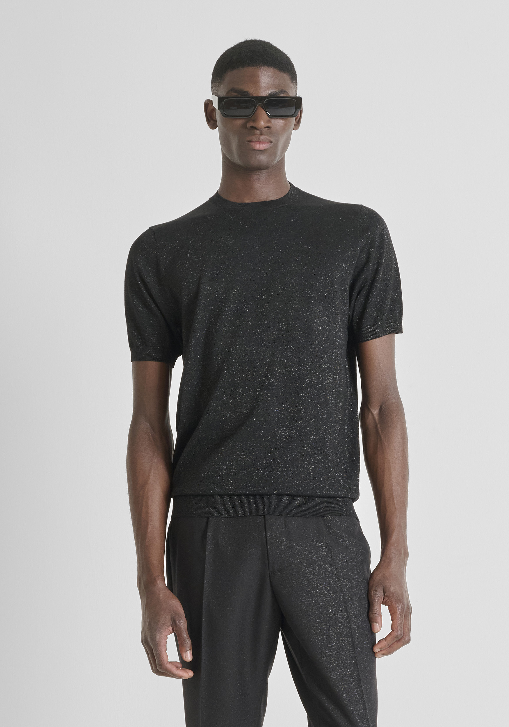 CAMISETA DE MANGA CORTA AJUSTADA DE MEZCLA DE LANA CON LÚREX