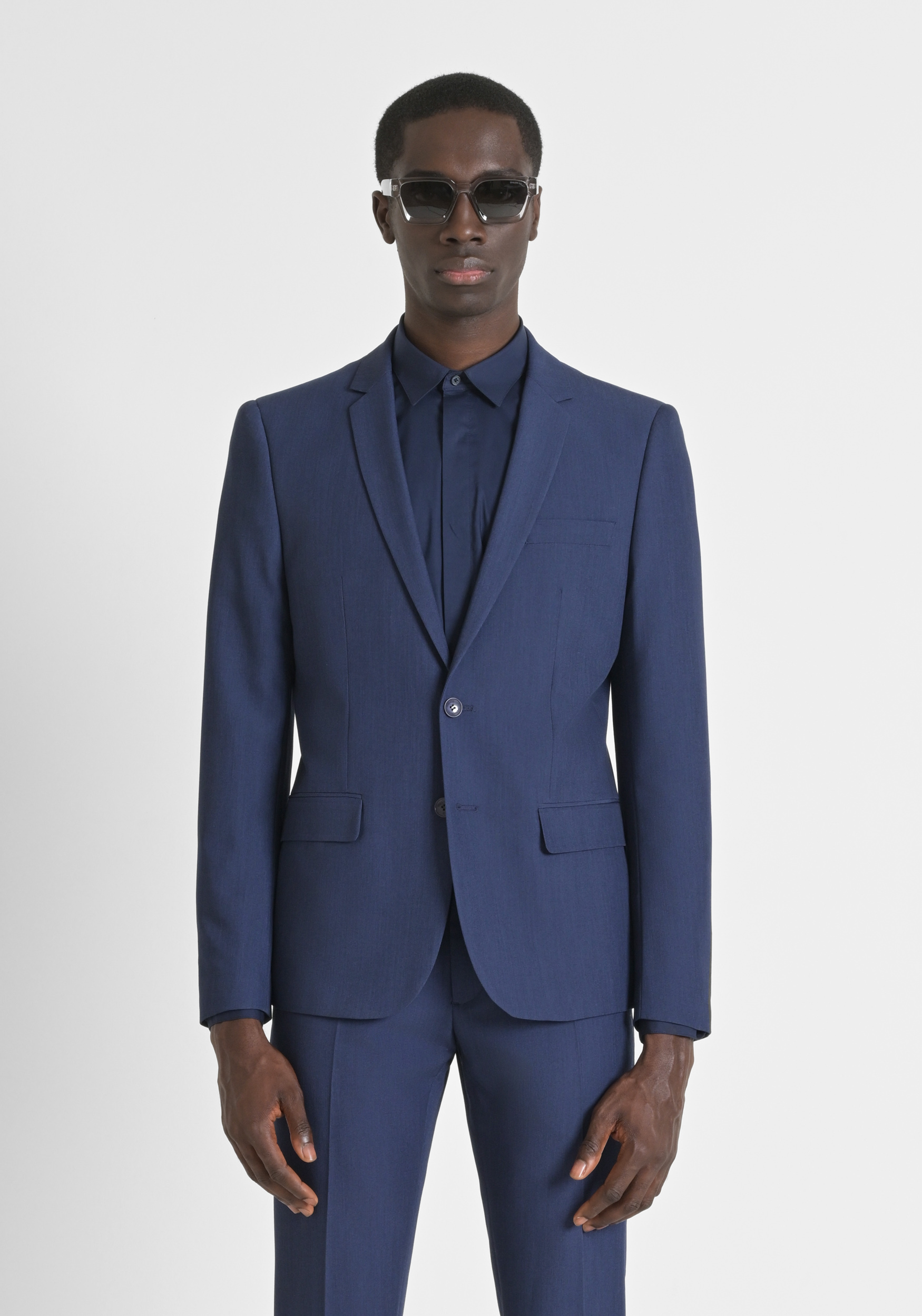 GIACCA MONOPETTO SLIM FIT "BONNIE" IN MISTO VISCOSA STRETCH EFFETTO DENIM