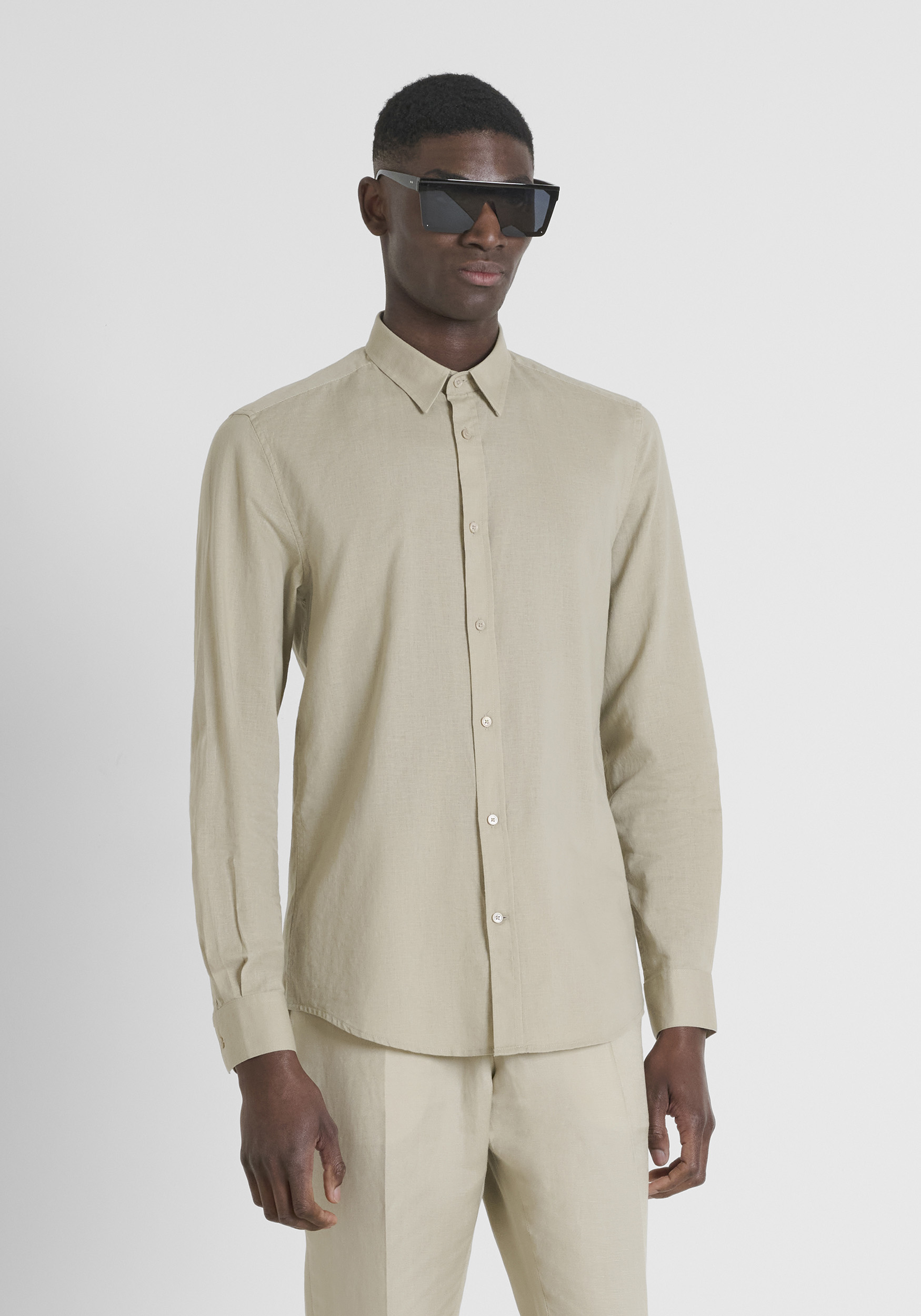CAMICIA SLIM FIT "ALICANTE" IN MISTO LINO CON LOGO RICAMATO