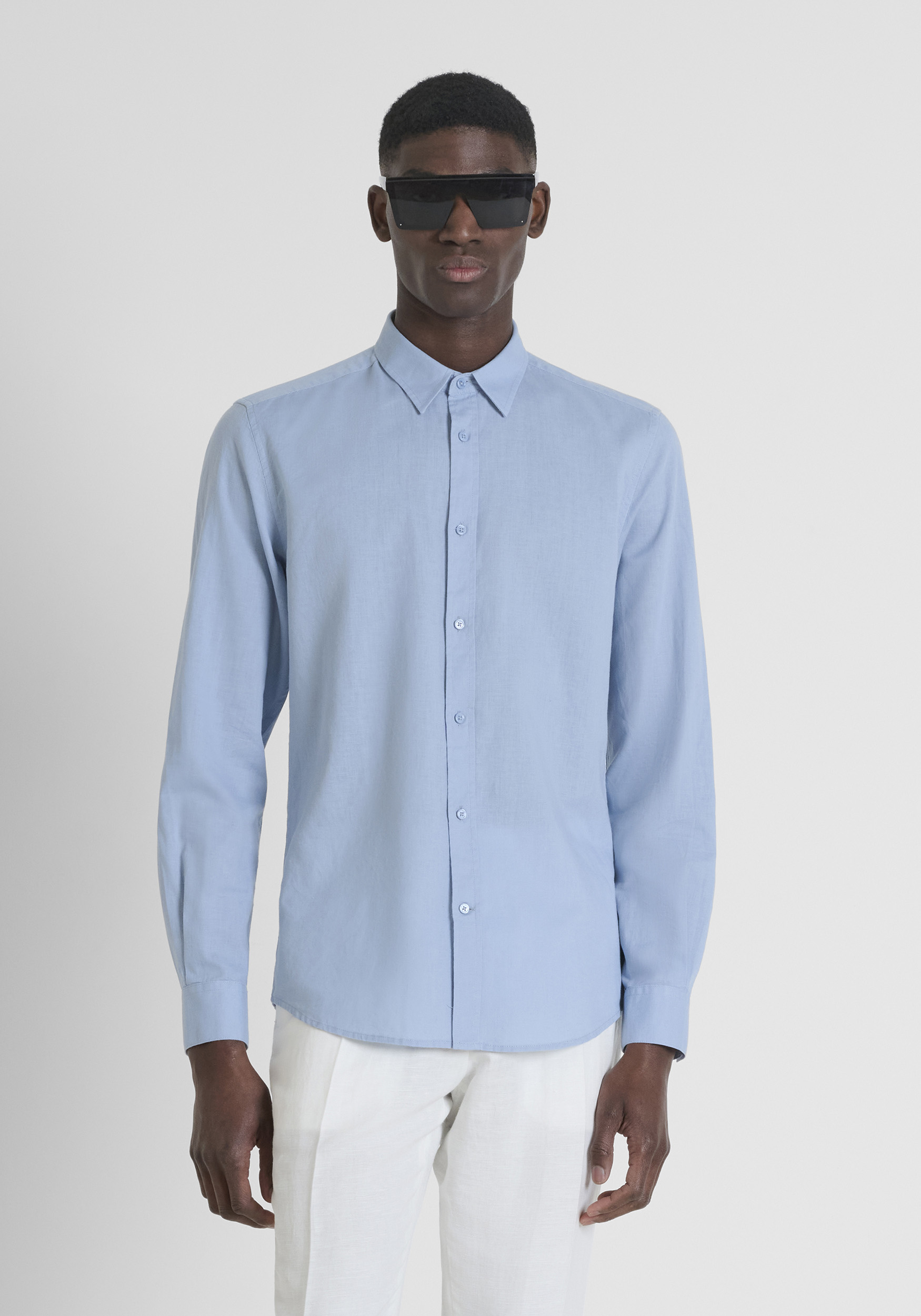 CAMICIA SLIM FIT "ALICANTE" IN MISTO LINO CON LOGO RICAMATO