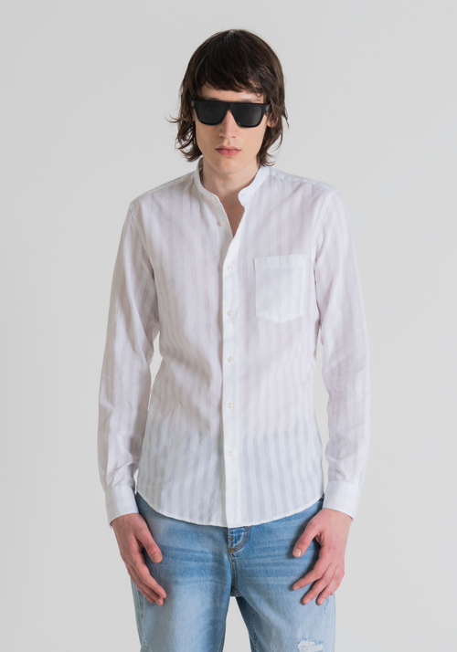 SLIM-FIT MANDARIN-COLLAR SHIRT WITH VERTICAL-STRIPE MICRO-WOVEN PATTERNING - Men's Shirts | Antony Morato Online Shop