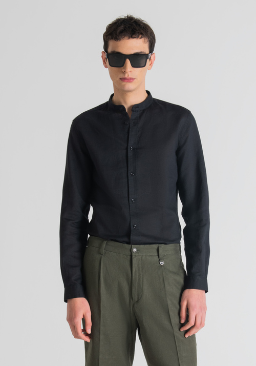 “TOLEDO” SLIM-FIT LINEN BLEND SHIRT WITH KOREAN COLLAR - Clothing | Antony Morato Online Shop