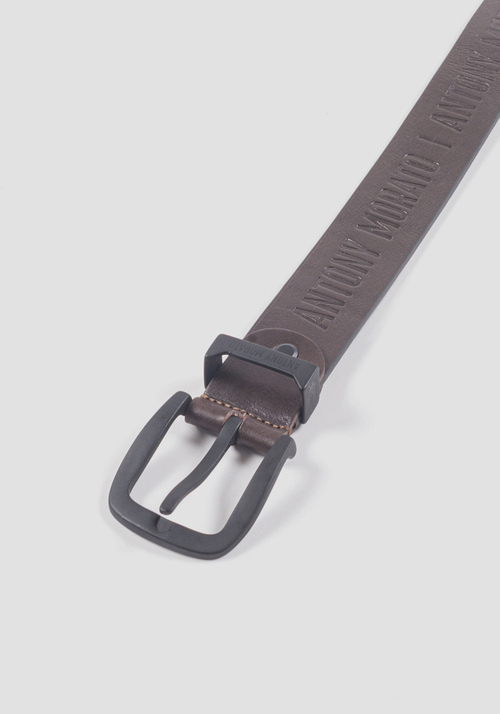 LEATHER BELT WITH BUCKLE AND ALL-OVER ENGRAVED LOGO - Men's Belts | Antony Morato Online Shop