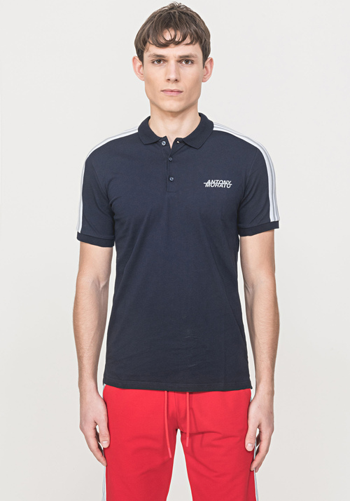 100% COTTON POLO NECK WITH SHOULDER STRIPE AND LOGO PRINT - T-shirts and Polo | Antony Morato Online Shop