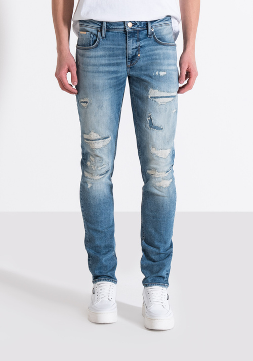 JEANS TAPERED OZZY EN DENIM EXTENSIBLE BLEU AVEC LIGNE VINTAGE EN OR - Men's Tapered Fit Jeans | Antony Morato Online Shop