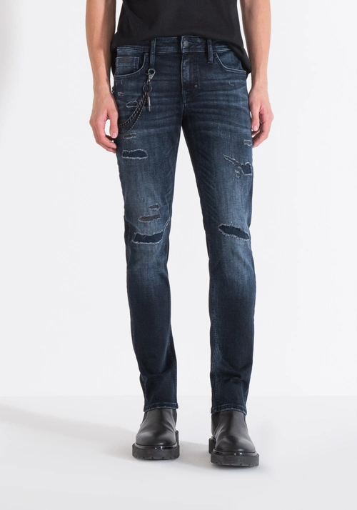 TAPERED FIT "IGGY" JEANS IN BLUE DENIM WITH RIPS - Men's Tapered Fit Jeans | Antony Morato Online Shop