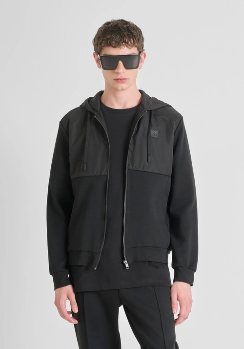 REGULAR FIT ZIP SWEATSHIRT IN COTTON BLEND WITH CONTRASTING FABRIC - Total Black Outfit | Antony Morato Online Shop