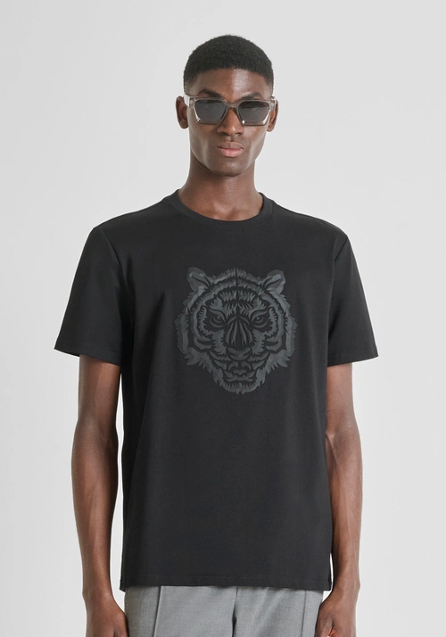 REGULAR FIT COTTON JERSEY T-SHIRT WITH RUBBERIZED TIGER PRINT - Clothing | Antony Morato Online Shop