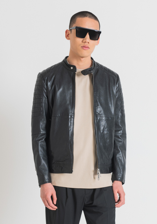 SLIM FIT BIKER JACKET IN GENUINE LEATHER WITH KOREAN COLLAR - Main Collection FW23 Men's Clothing | Antony Morato Online Shop