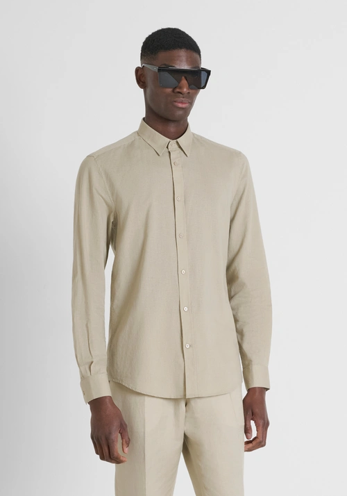 SLIM FIT SHIRT "ALICANTE" IN COTTON LINEN BLEND WITH EMBRIODERED LOGO - Shirts | Antony Morato Online Shop