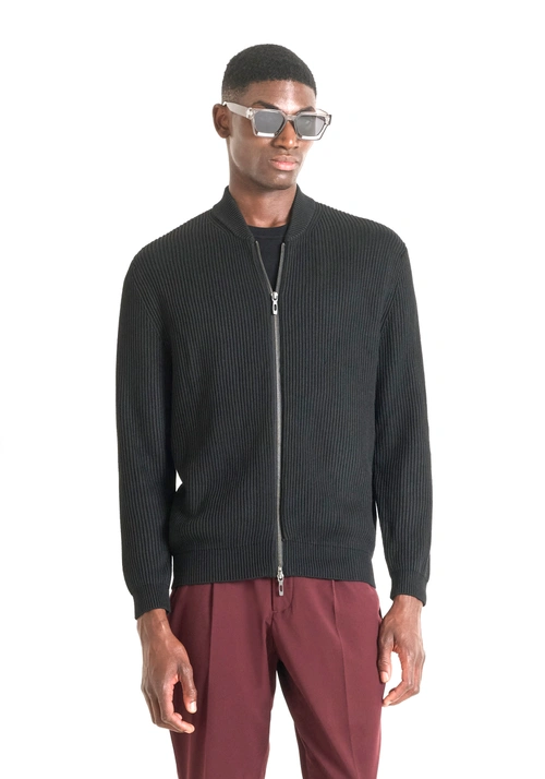 ZIPPED REGULAR FIT WOOL BLEND KNITTED JERSEY - Total Black Outfit | Antony Morato Online Shop