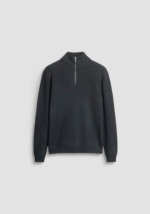 REGULAR FIT MERINO WOOL BLEND KNITTED JERSEY WITH ZIP - Total Black Outfit | Antony Morato Online Shop
