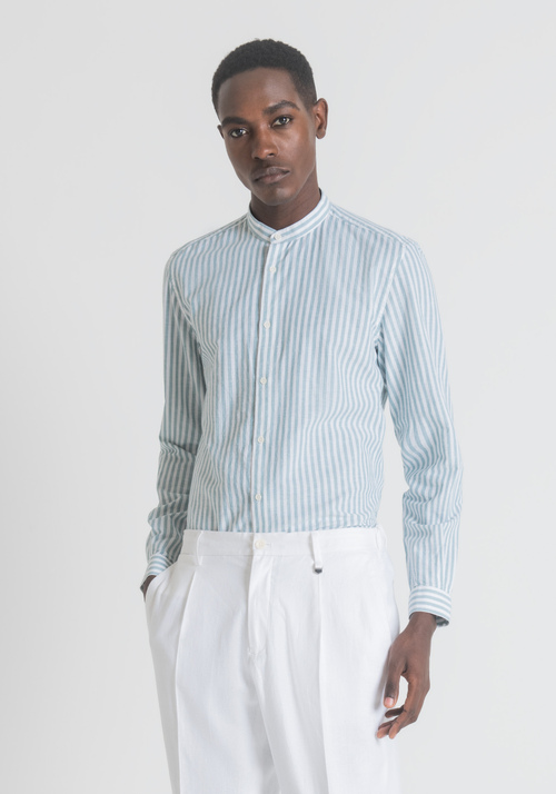 SLIM-FIT SHIRT IN COTTON AND LINEN WITH KOREAN COLLAR AND STRIPED PATTERN - Men's Shirts | Antony Morato Online Shop