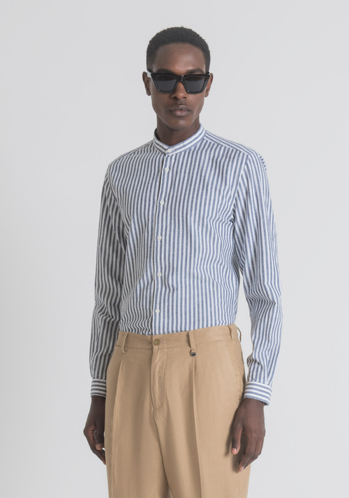 SLIM-FIT SHIRT IN COTTON AND LINEN WITH KOREAN COLLAR AND STRIPED PATTERN - Men's Shirts | Antony Morato Online Shop