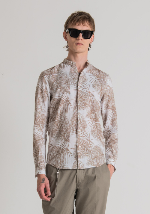 SLIM-FIT SHIRT IN LINEN BLEND WITH KOREAN COLLAR AND ALL-OVER MACRO PATTERN - Men's Shirts | Antony Morato Online Shop