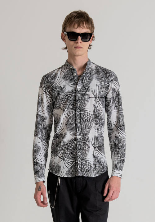 SLIM-FIT SHIRT IN LINEN BLEND WITH KOREAN COLLAR AND ALL-OVER MACRO PATTERN | Antony Morato Online Shop
