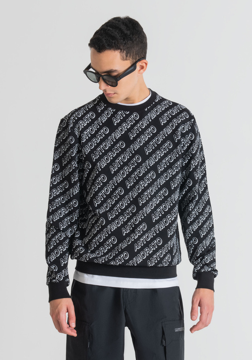 REGULAR FIT HOODIE IN STRETCH COTTON WITH ALL-OVER LOGO PRINT - Clothing | Antony Morato Online Shop
