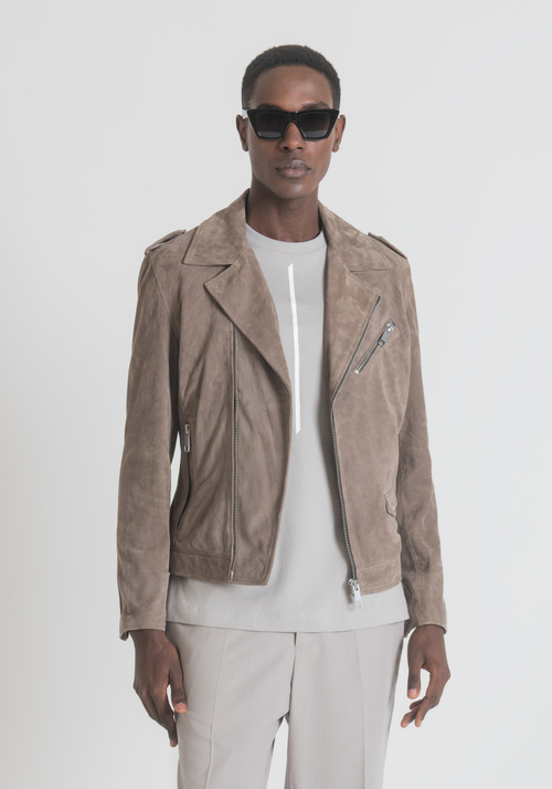 SLIM-FIT BIKER JACKET IN GENUINE SUEDE WITH AN ASYMMETRIC ZIP - Men's Field Jackets and Coats | Antony Morato Online Shop