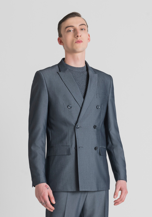 "ROGER" REGULAR-FIT DOUBLE-BREASTED JACKET IN DENIM-EFFECT COTTON BLEND - Men's Clothing | Antony Morato Online Shop
