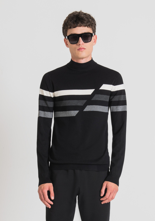 SLIM FIT MOCK POLO NECK IN STRETCH SHAVED VISCOSE YARN WITH CONTRASTING JACQUARD STRIPES - Sale | Antony Morato Online Shop