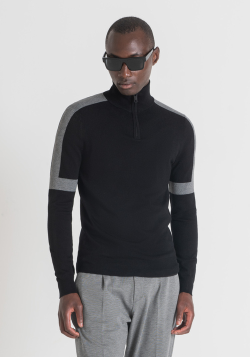 SLIM FIT PLAIN-KNIT SWEATER WITH CONTRAST STRIPS AND QUARTER ZIP - Men's Knitwear | Antony Morato Online Shop