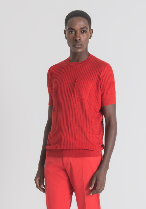 SLIM-FIT KNITTED T-SHIRT IN LINEN BLEND WITH POCKET - Men's Knitwear | Antony Morato Online Shop