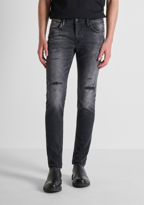 TAPERED FIT "OZZY" JEANS IN BLACK DENIM WITH RIPPED DETAILING - Antony Morato Online Shop