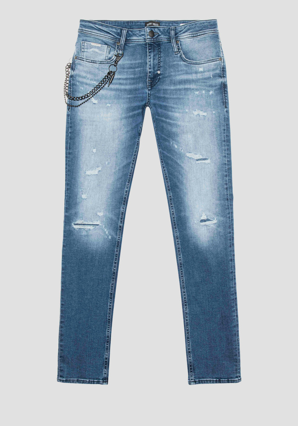TAPERED FIT "IGGY" STRETCH DENIM JEANS WITH ABRASIONS AND METAL CHAIN - Antony Morato Online Shop