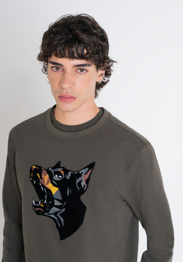 REGULAR FIT SWEATSHIRT IN GREEN COTTON BLEND WITH DOBERMANN PRINT - Antony Morato Online Shop