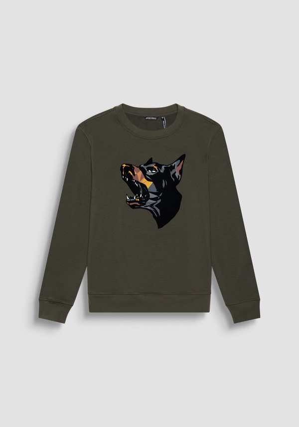 REGULAR FIT SWEATSHIRT IN GREEN COTTON BLEND WITH DOBERMANN PRINT - Antony Morato Online Shop