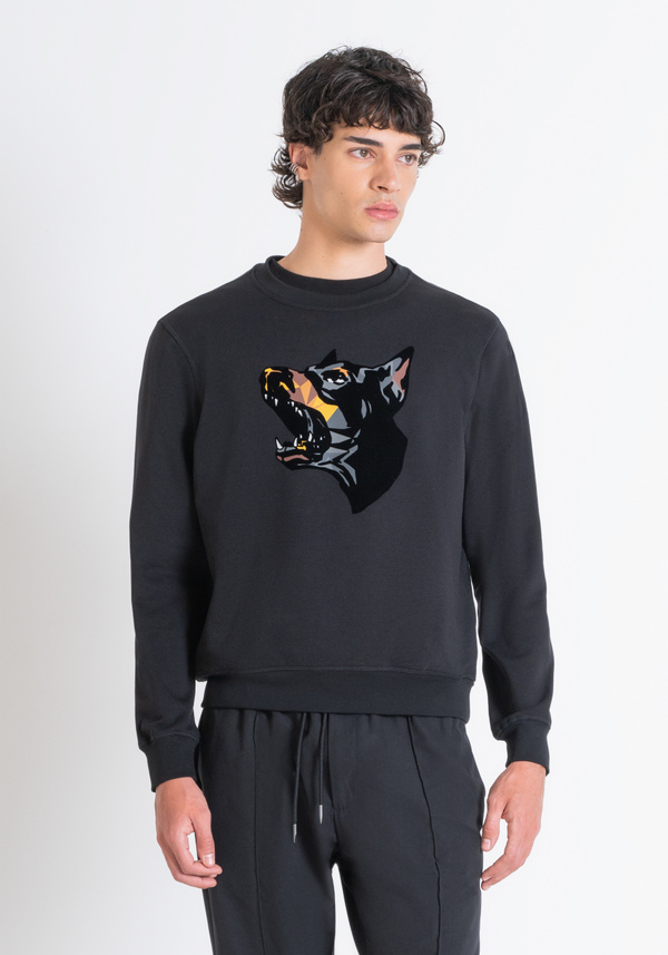 REGULAR FIT SWEATSHIRT IN BLACK COTTON BLEND WITH DOBERMANN PRINT - Antony Morato Online Shop