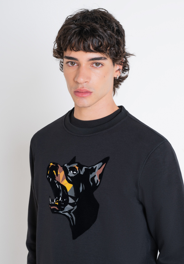 REGULAR FIT SWEATSHIRT IN BLACK COTTON BLEND WITH DOBERMANN PRINT - Antony Morato Online Shop
