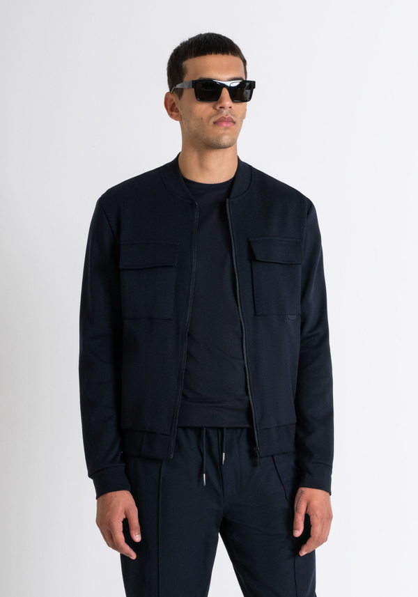 SLIM FIT SWEATSHIRT WITH ZIP AND POCKETS IN BLUE COTTON BLEND WITH LOGO - Antony Morato Online Shop
