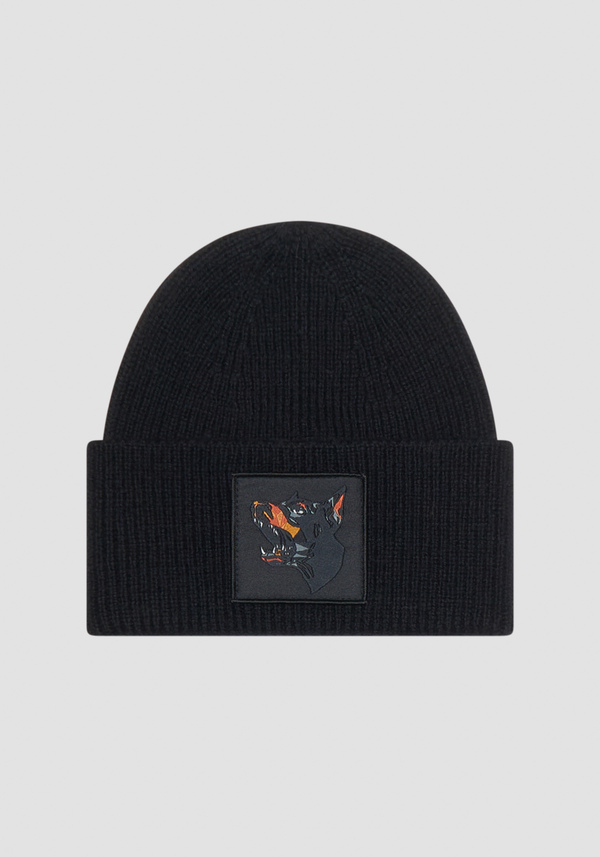 BLACK WOOL-BLEND KNIT CAP WITH DOBERMANN PATCH - Antony Morato Online Shop
