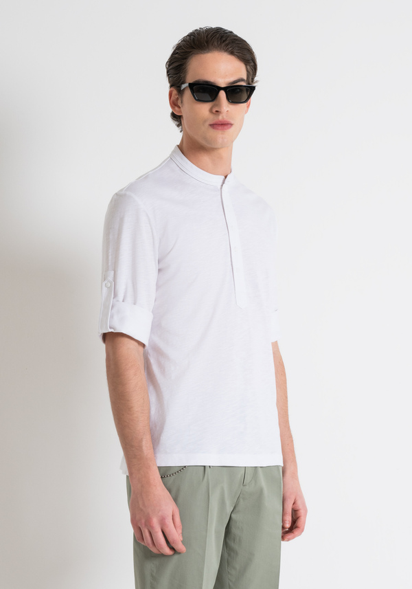 REGULAR FIT FLAMED COTTON T-SHIRT WITH INJECTION RUBBERIZED LOGO PRINT - Antony Morato Online Shop