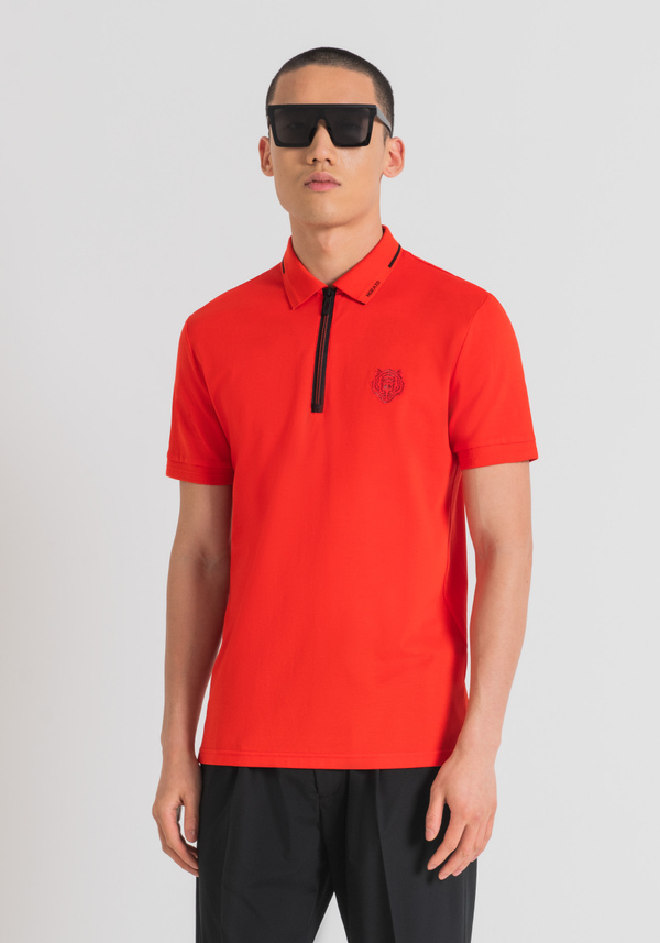 SLIM FIT POLO SHIRT IN MERCERISED COTTON PIQUE WITH RUBBERISED TIGER PRINT - Antony Morato Online Shop