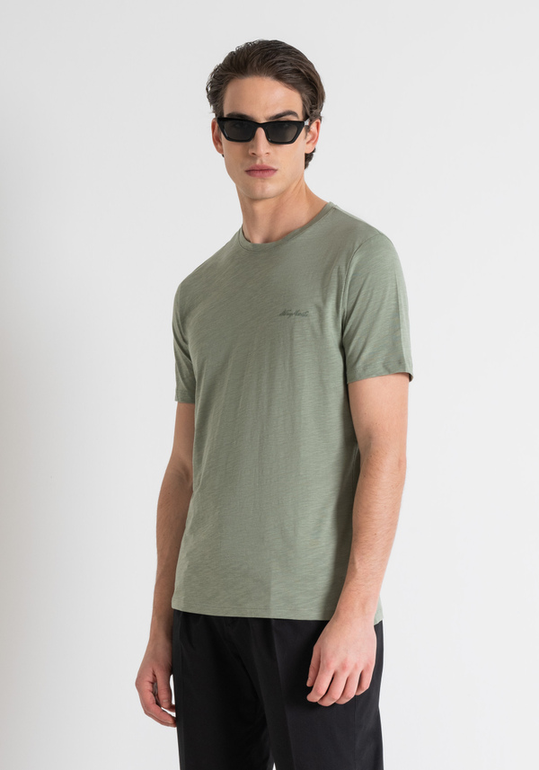 REGULAR FIT FLAMED COTTON T-SHIRT WITH INJECTION RUBBERIZED LOGO PRINT - Antony Morato Online Shop