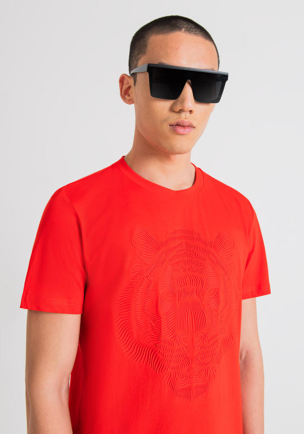T-SHIRT AJUSTÉ EN JERSEY DE COTON AVEC IMPRESSION TIGRE EN CAOUTCHOUC - Antony Morato Online Shop