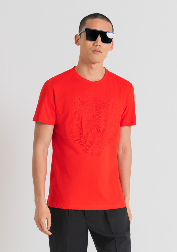 T-SHIRT AJUSTÉ EN JERSEY DE COTON AVEC IMPRESSION TIGRE EN CAOUTCHOUC - Antony Morato Online Shop