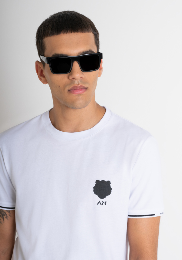 POLO T-SHIRT SLIM FIT IN PIQUET DI COTONE BIANCO E LOGO TIGRE GOMMATO - Antony Morato Online Shop
