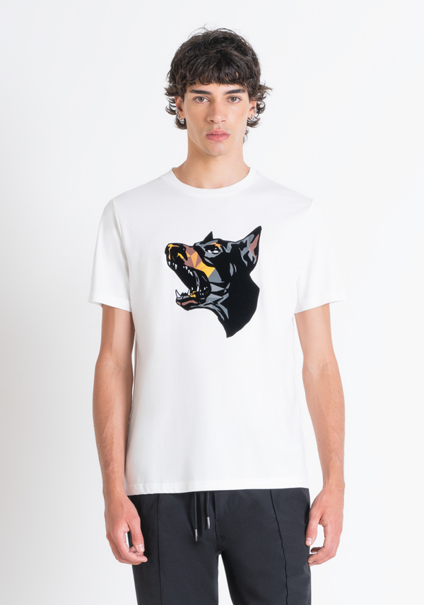REGULAR FIT T-SHIRT IN WHITE COTTON JERSEY WITH DOBERMANN PRINT - Antony Morato Online Shop
