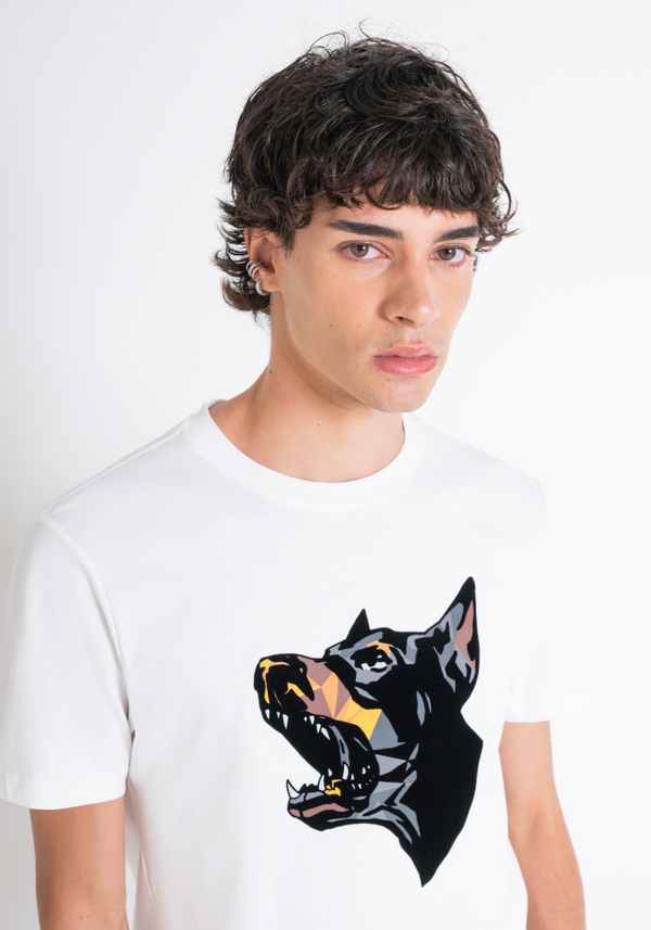 REGULAR FIT T-SHIRT IN WHITE COTTON JERSEY WITH DOBERMANN PRINT - Antony Morato Online Shop