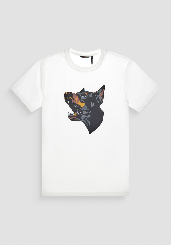 REGULAR FIT T-SHIRT IN WHITE COTTON JERSEY WITH DOBERMANN PRINT - Antony Morato Online Shop