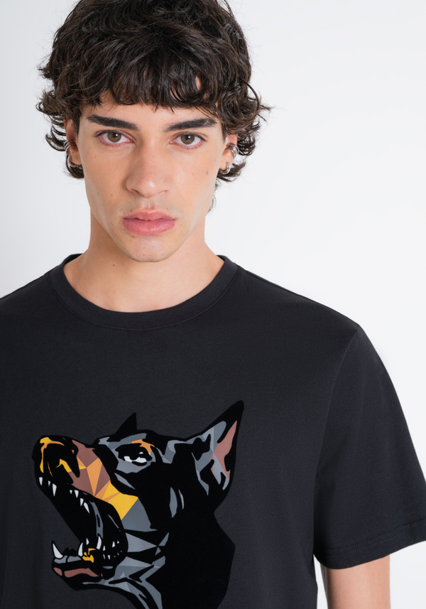REGULAR FIT T-SHIRT IN BLACK COTTON JERSEY WITH DOBERMANN PRINT - Antony Morato Online Shop