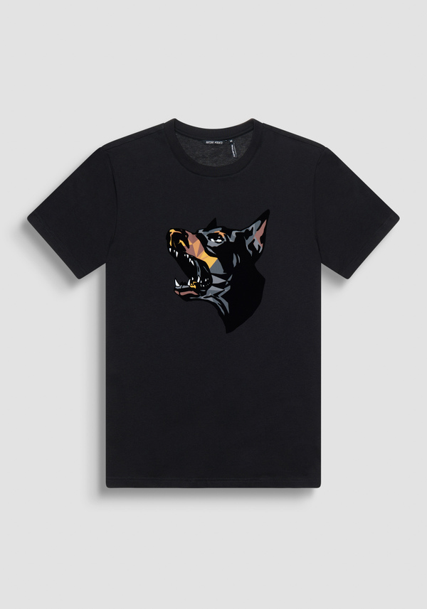 REGULAR FIT T-SHIRT IN BLACK COTTON JERSEY WITH DOBERMANN PRINT - Antony Morato Online Shop