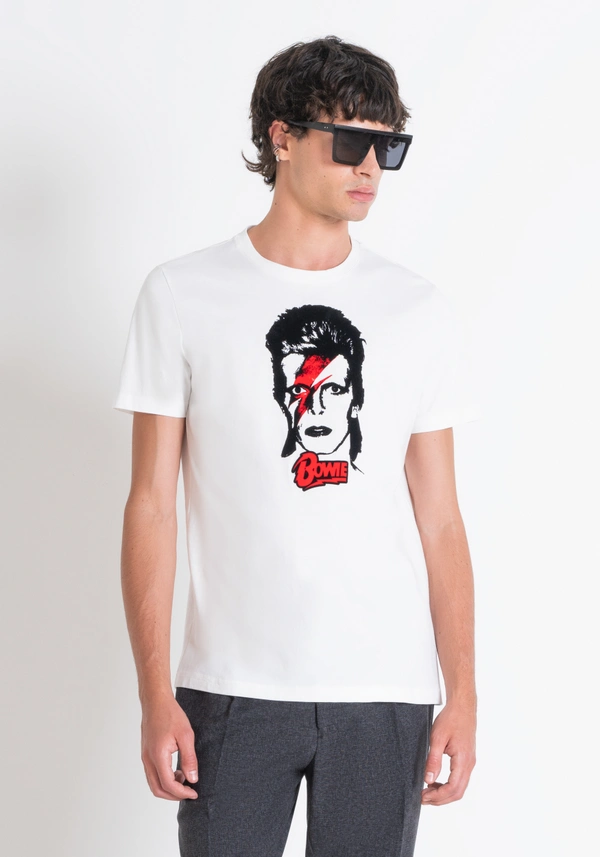 REGULAR FIT T-SHIRT IN WHITE COTTON JERSEY WITH "DAVID BOWIE" PRINT - Antony Morato Online Shop